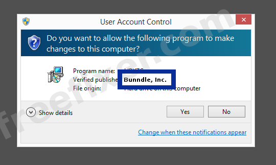 Screenshot where Bunndle, Inc. appears as the verified publisher in the UAC dialog